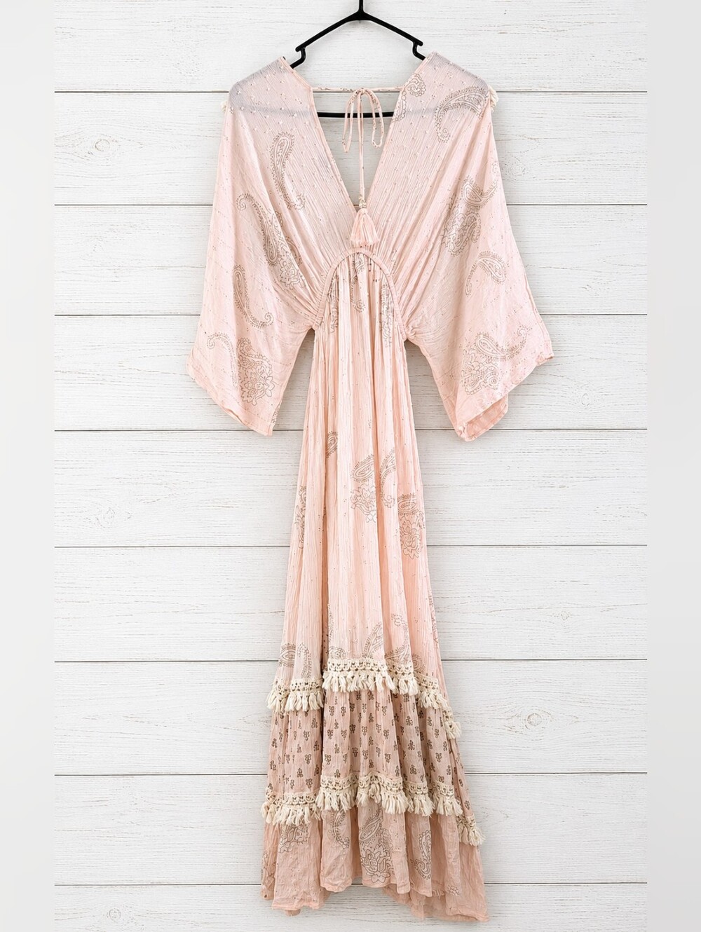 NWOT Zury Boho Paisley Maxi Dress Pink Metallic Lurex Tassel Free Size - Picture 7 of 12